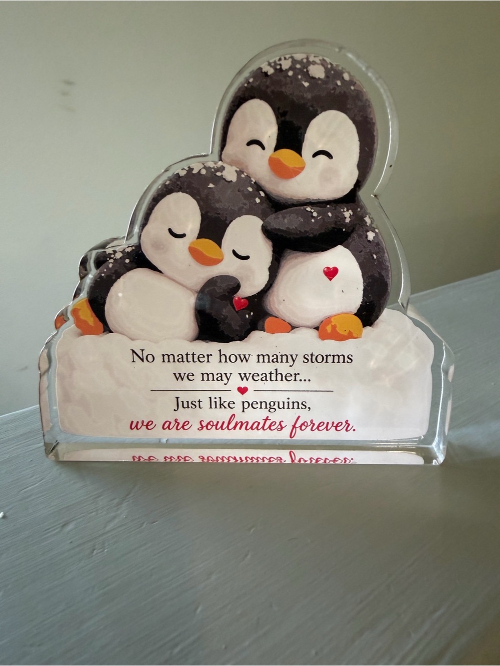 Soulmates Penguin Decorative Block Sign - Black & White with Red Accents